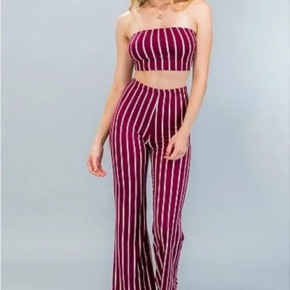 NEW CAPELLA PLUS SIZE Maroon Striped Two Piece Tube Top Wide Pants Set 2XL 3XL - Picture 1 of 5